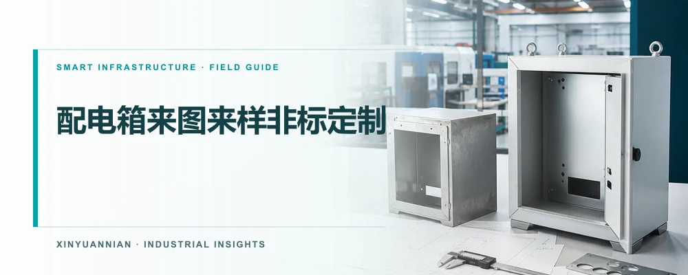 工程台面上的旧配电箱样品、测量工具、图纸与新定制金属外壳